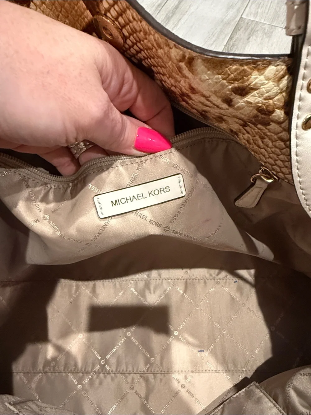 Michael Kors Brown Snake-Print Tote with Cream Handles
